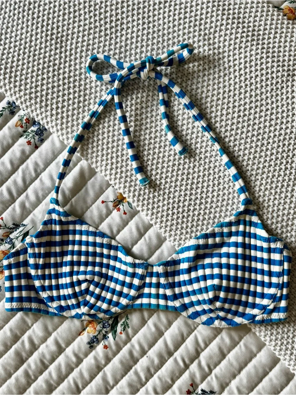Solid & Striped The Ginger Tie Ribbed Stripe Bikini Set, Blue & Cream – M / L